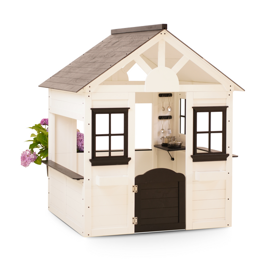 Casa Modern White Wooden Playhouse with Black Trim – Kids Outdoor/Indoor Cottage Playhouse