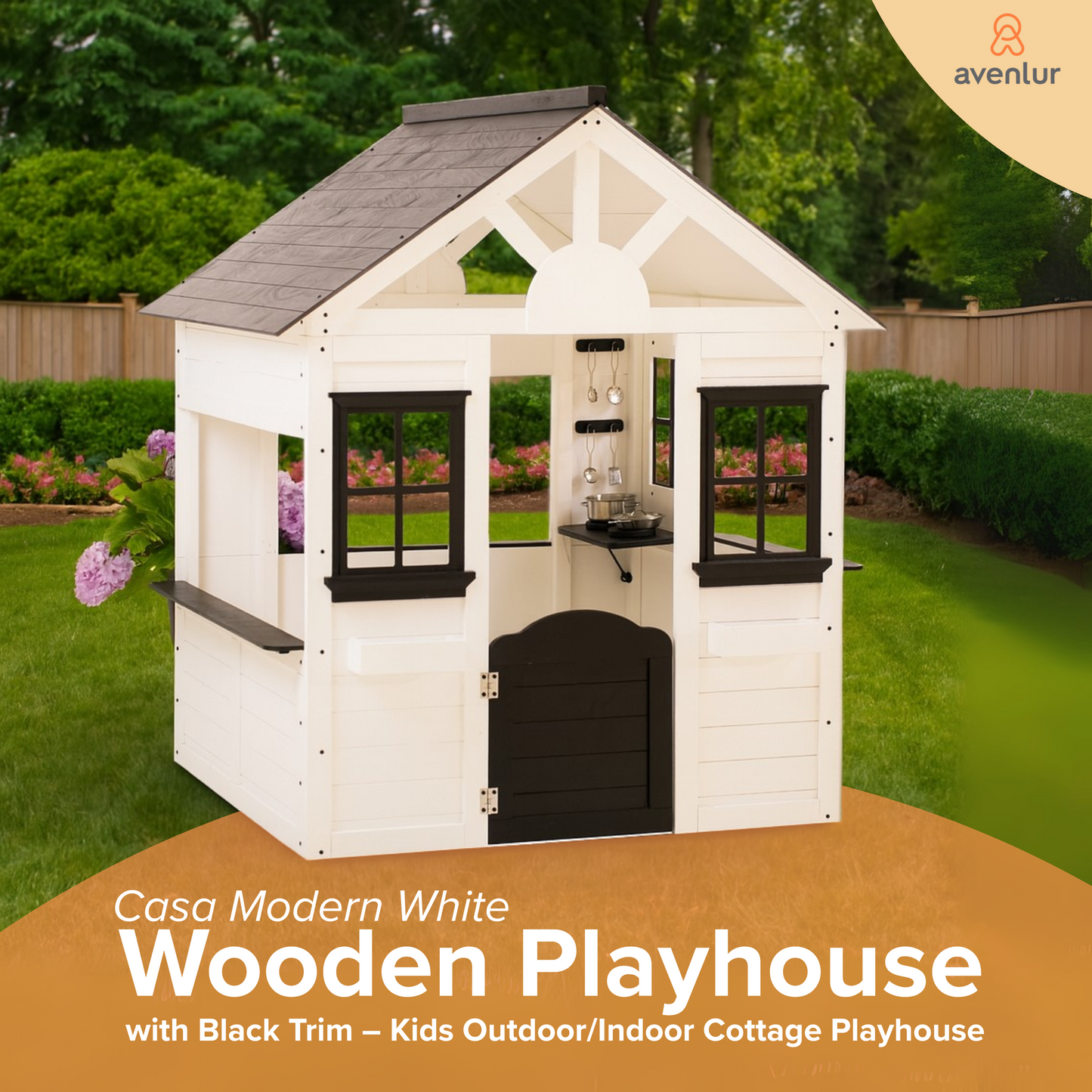 Casa Modern White Wooden Playhouse with Black Trim – Kids Outdoor/Indoor Cottage Playhouse