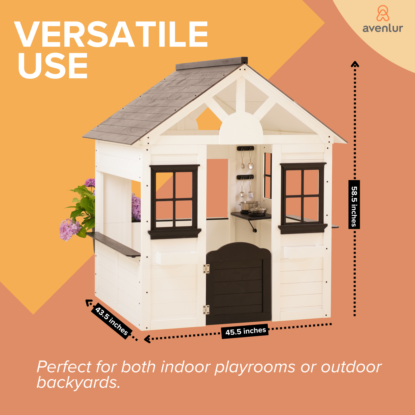 Casa Modern White Wooden Playhouse with Black Trim – Kids Outdoor/Indoor Cottage Playhouse