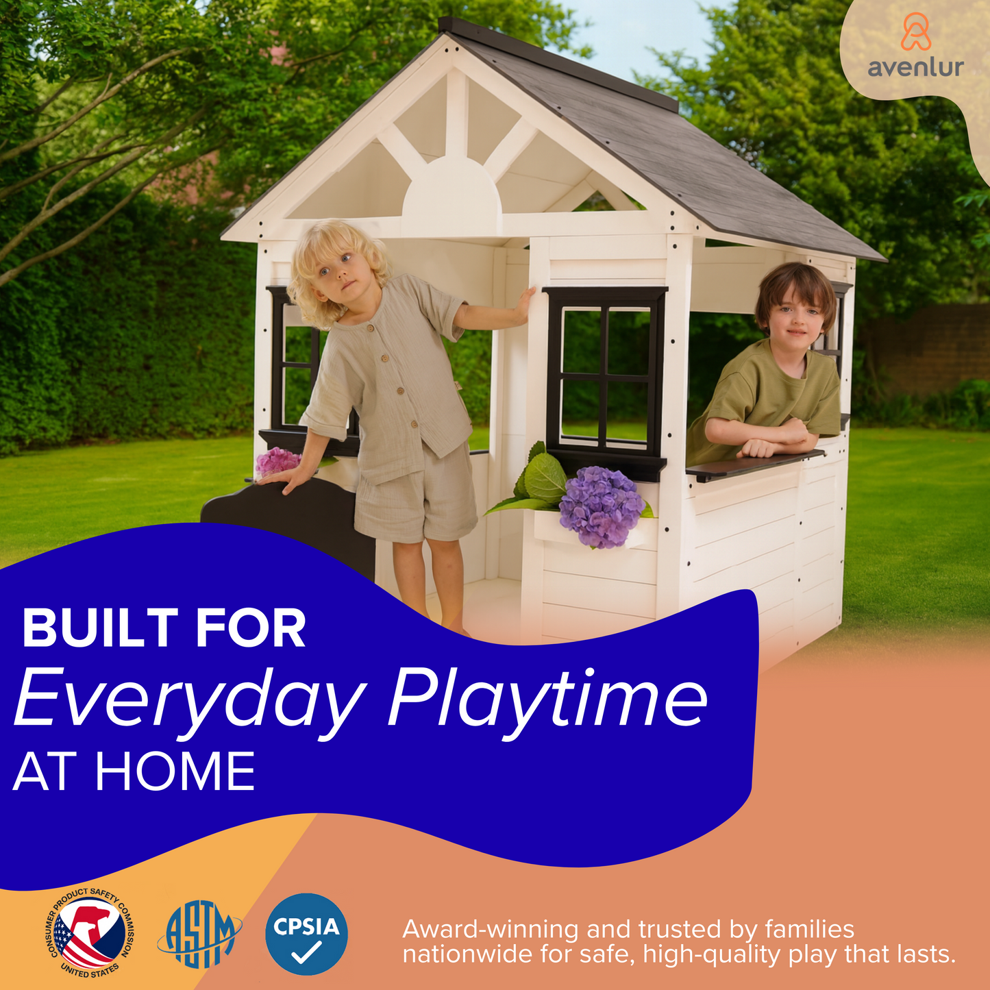 Casa Modern White Wooden Playhouse with Black Trim – Kids Outdoor/Indoor Cottage Playhouse