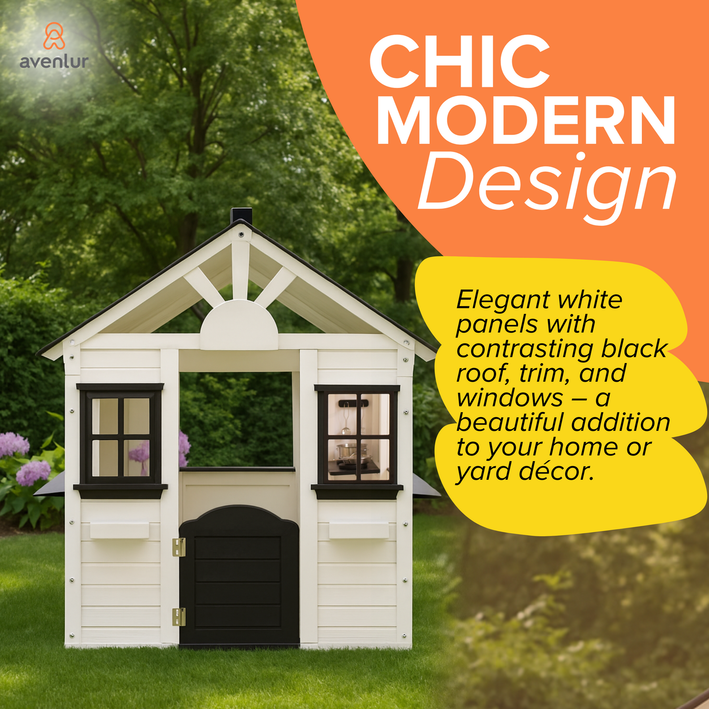 Casa Modern White Wooden Playhouse with Black Trim – Kids Outdoor/Indoor Cottage Playhouse